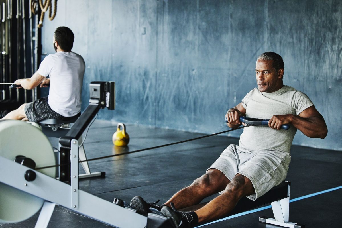 a man on a rowing machine