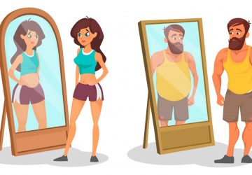 an illustration of people looking at themselves in the mirror