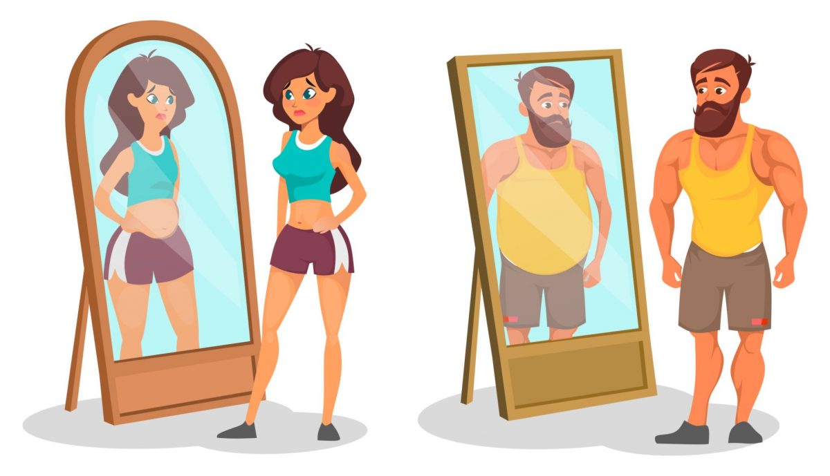 an illustration of people looking at themselves in the mirror