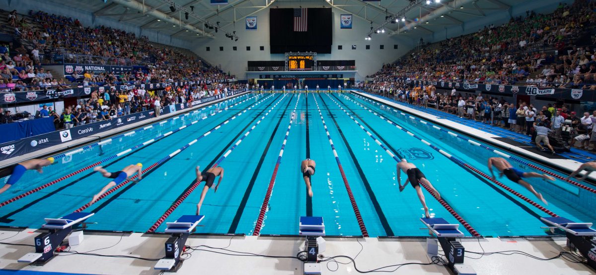a wide shot photo of a swimming pool with athletes starting a race